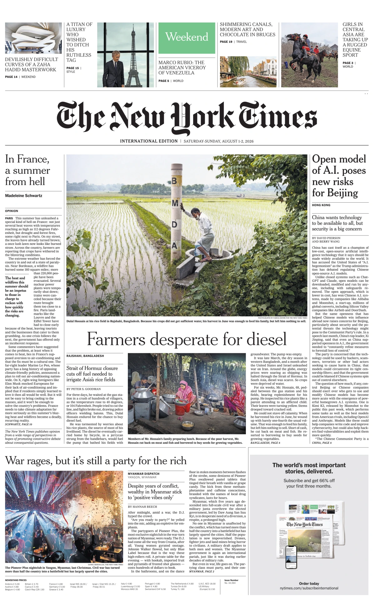 Portada de The New York Times (international) del sábado, 1 de agosto de 2026