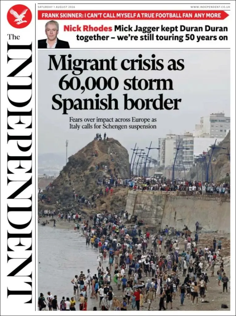 Portada de The Independent del sábado, 1 de agosto de 2026