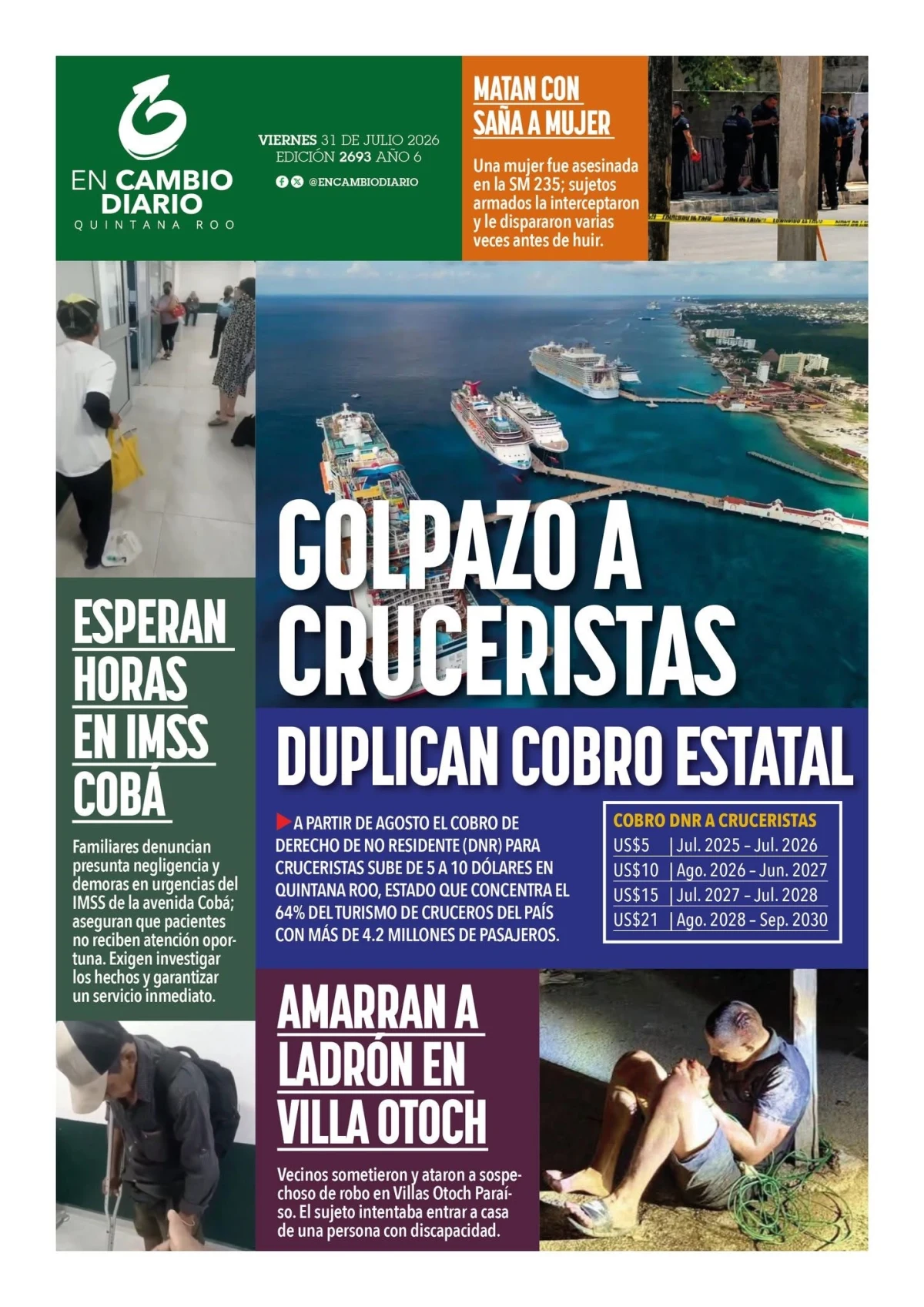 Portada de En Cambio - Quintana Roo (portada) del viernes, 31 de julio de 2026