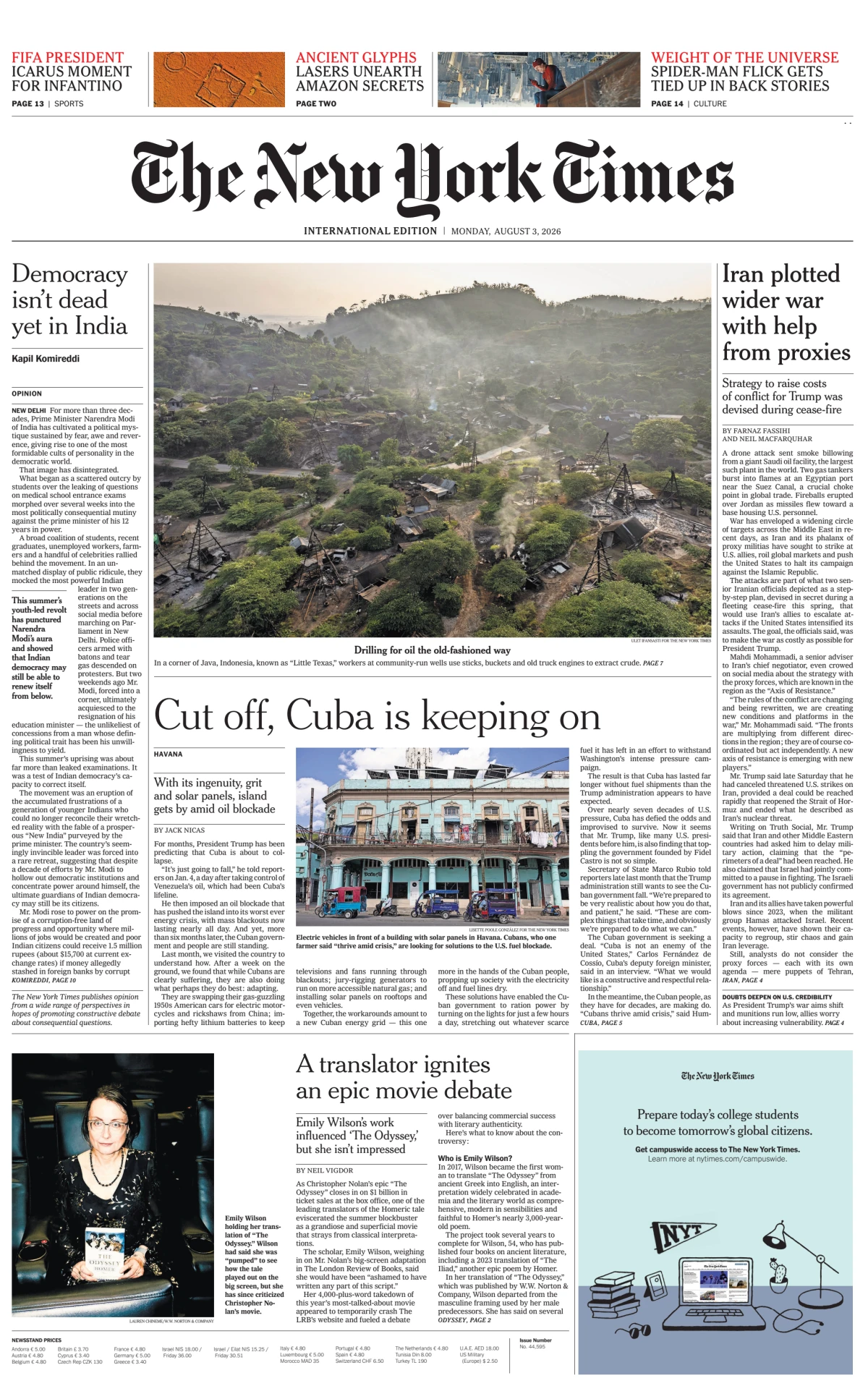 Portada de The New York Times (international) del lunes, 3 de agosto de 2026