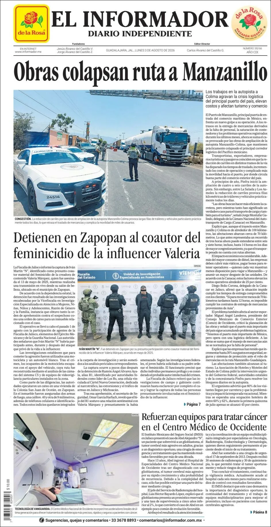 Portada de El Informador del lunes, 3 de agosto de 2026