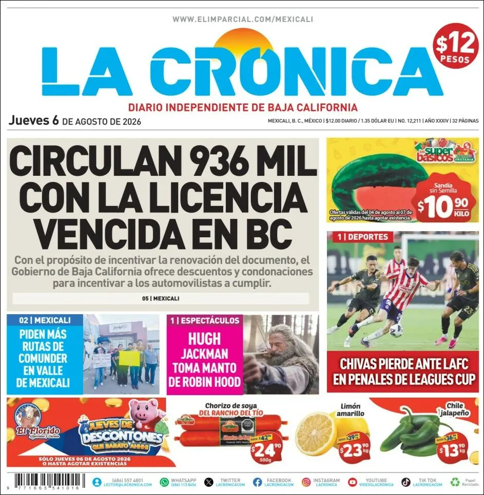 Portada de La Cronica del jueves, 6 de agosto de 2026