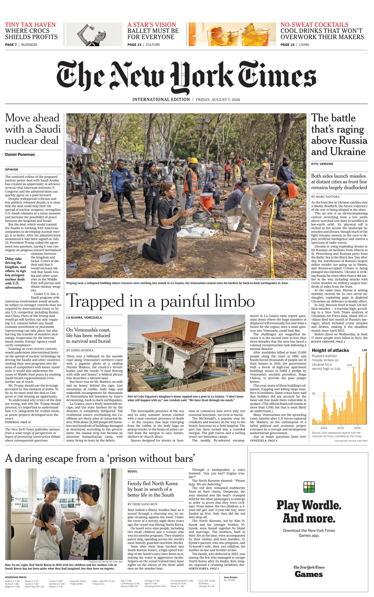 Portada de The New York Times (international) del viernes, 7 de agosto de 2026