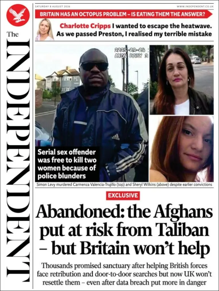 Portada de The Independent del sábado, 8 de agosto de 2026
