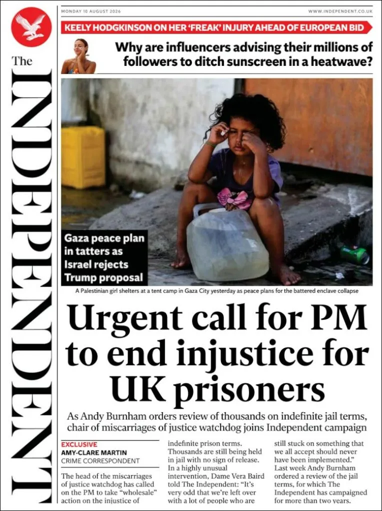 Portada de The Independent del lunes, 10 de agosto de 2026