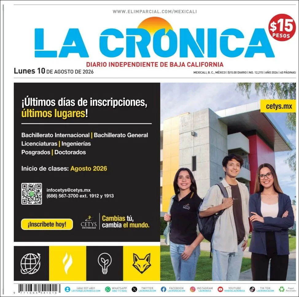 Portada de La Cronica del lunes, 10 de agosto de 2026