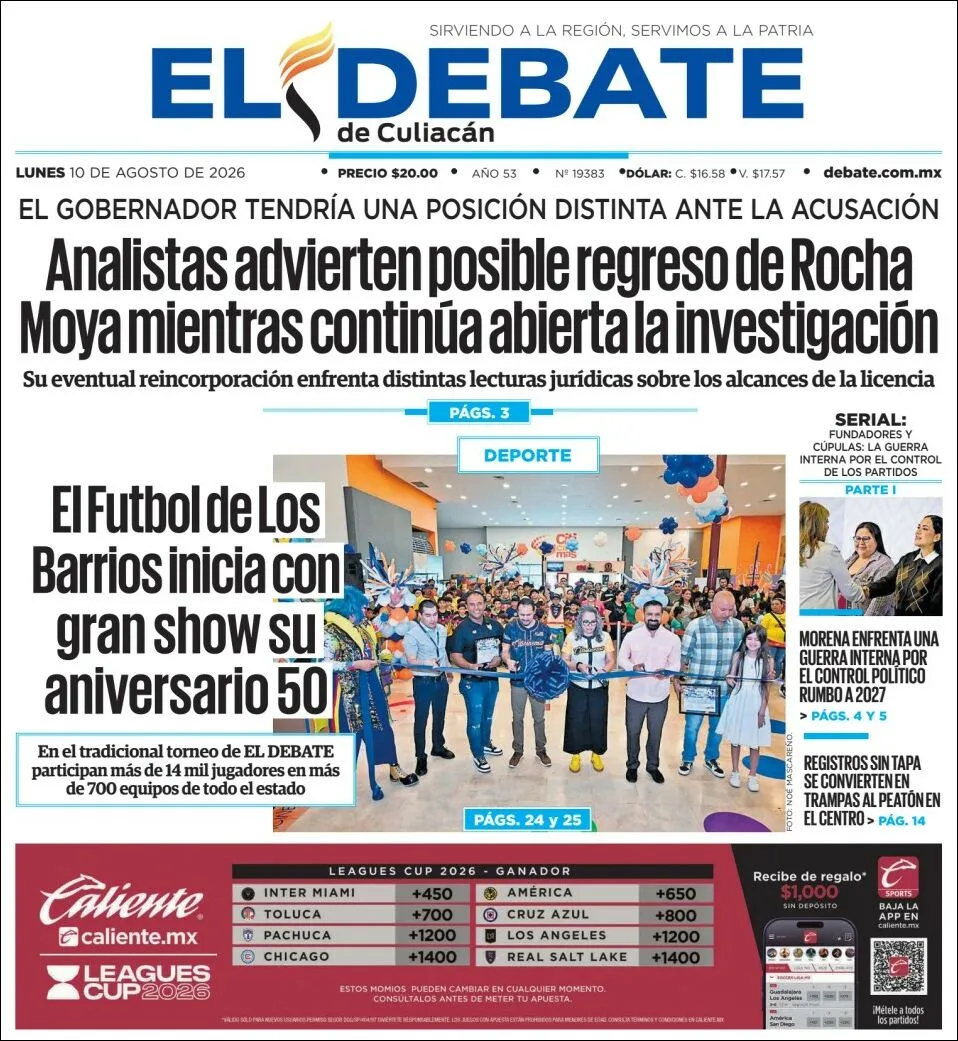 Portada de El Debate de Culiacan del lunes, 10 de agosto de 2026
