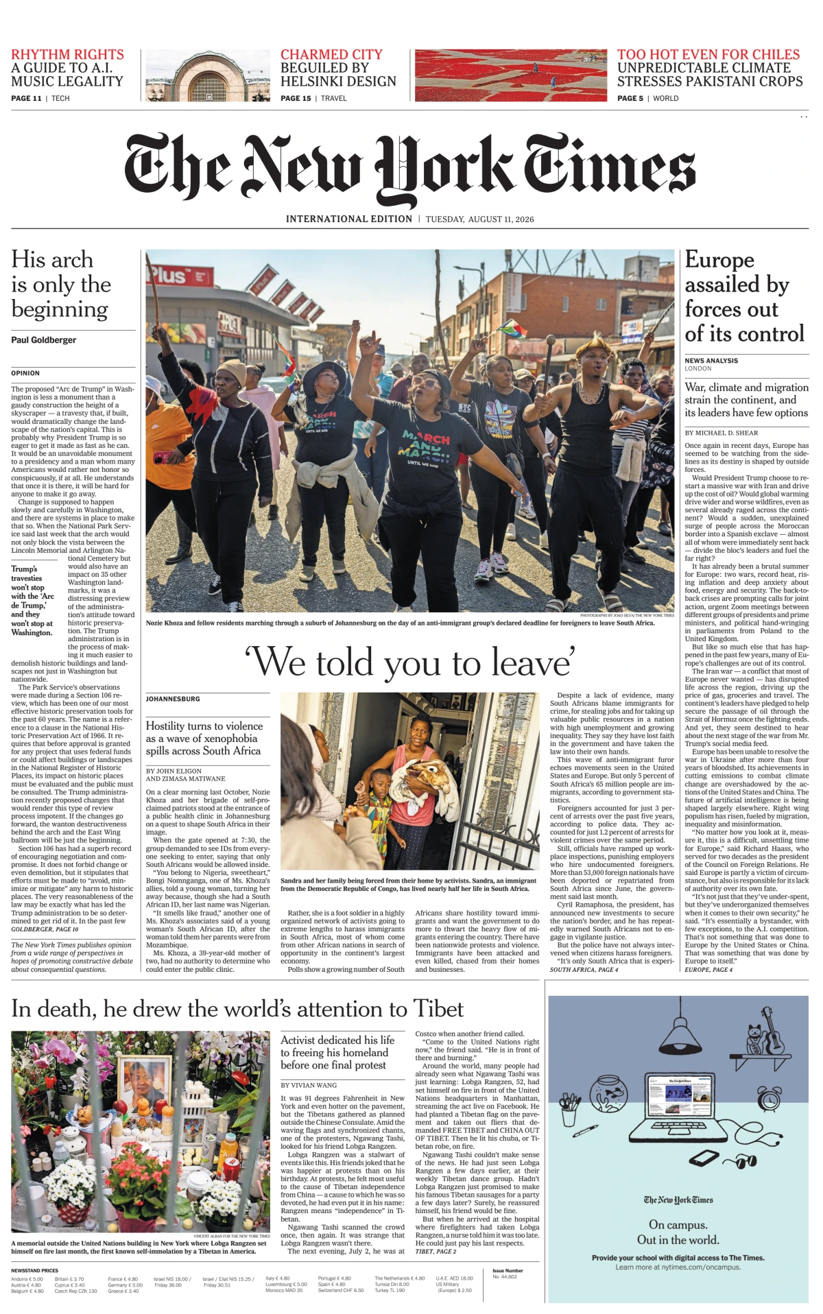 Portada de The New York Times (international) del martes, 11 de agosto de 2026