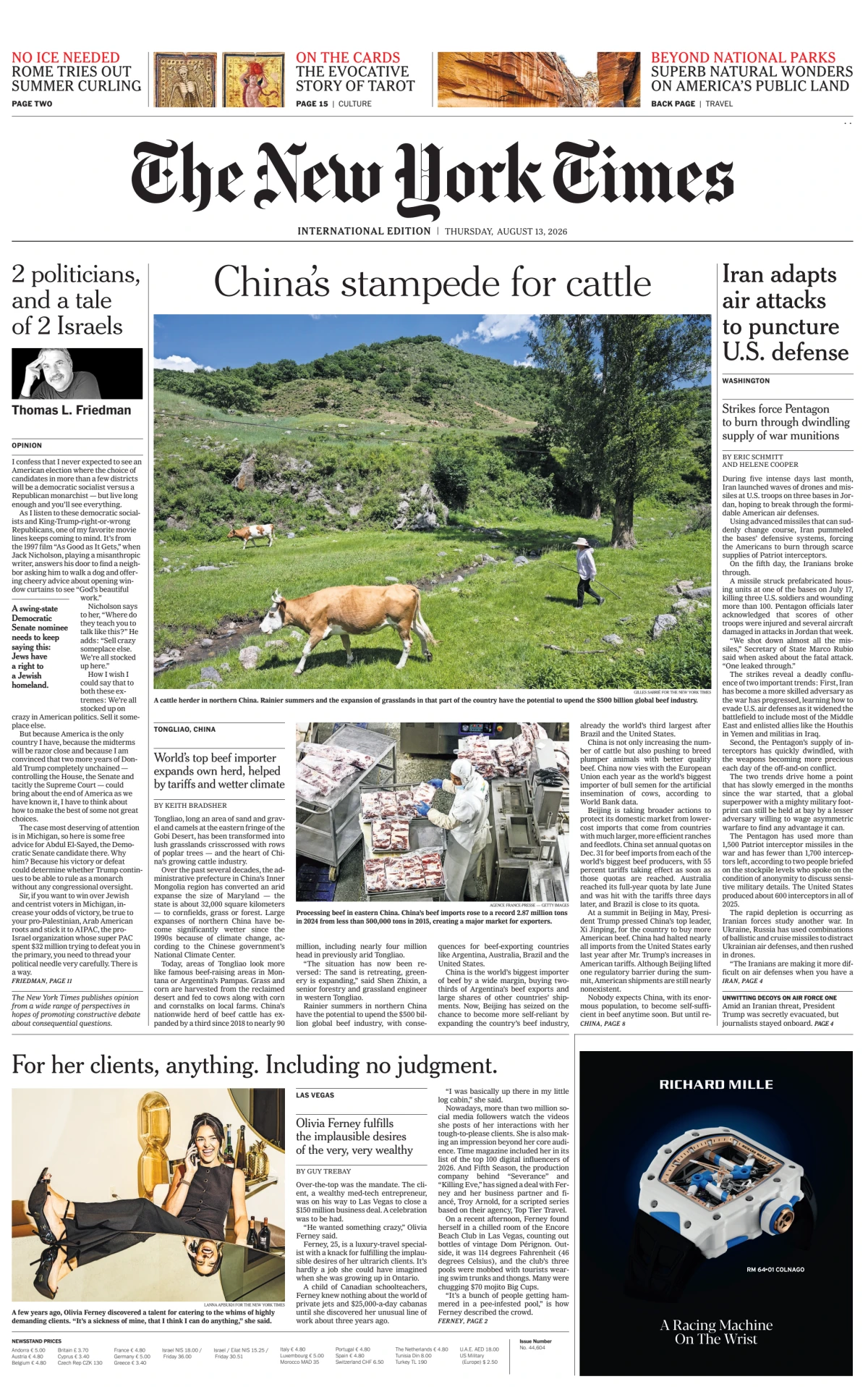 Portada de The New York Times (international) del jueves, 13 de agosto de 2026