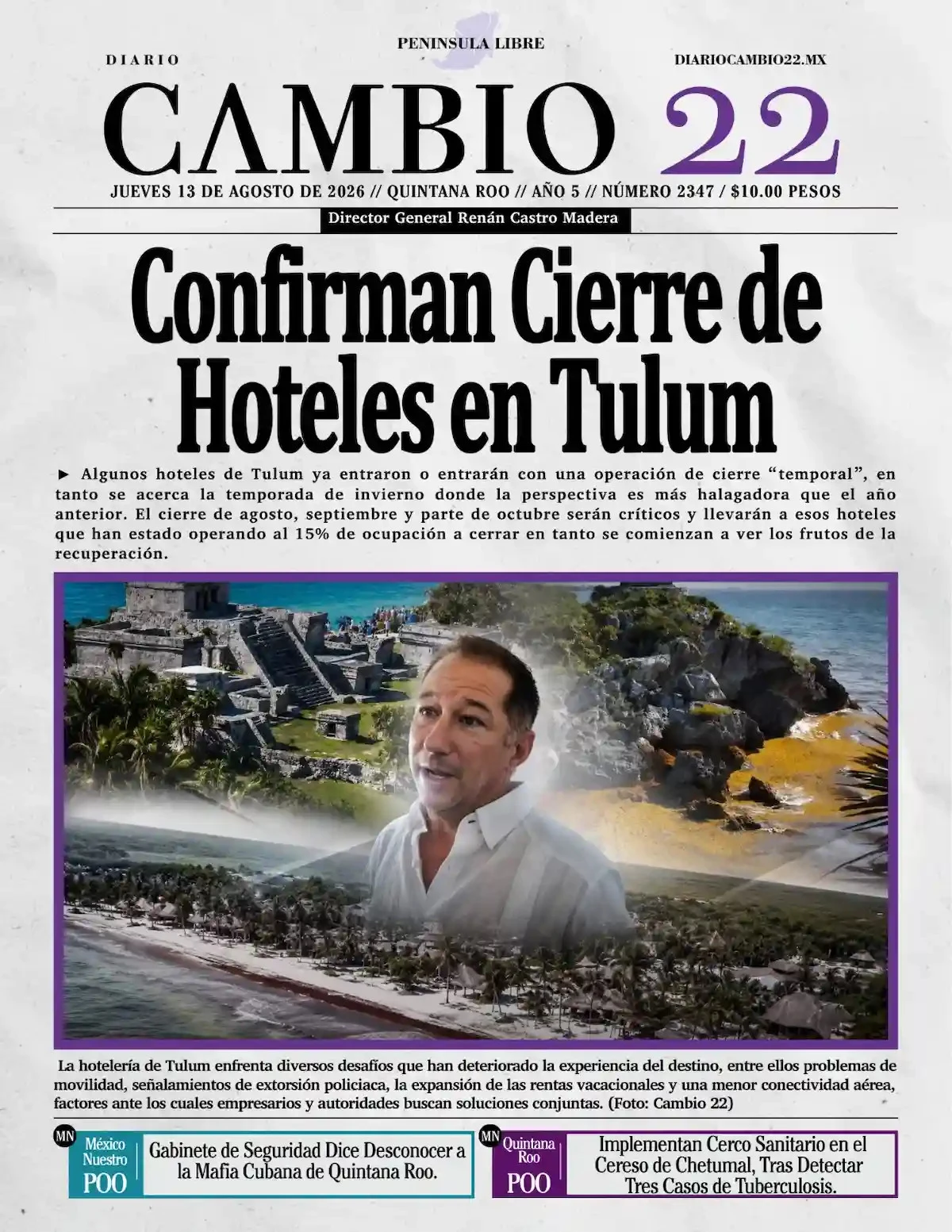 Portada de Diario Cambio 22 (contraportada) del jueves, 13 de agosto de 2026