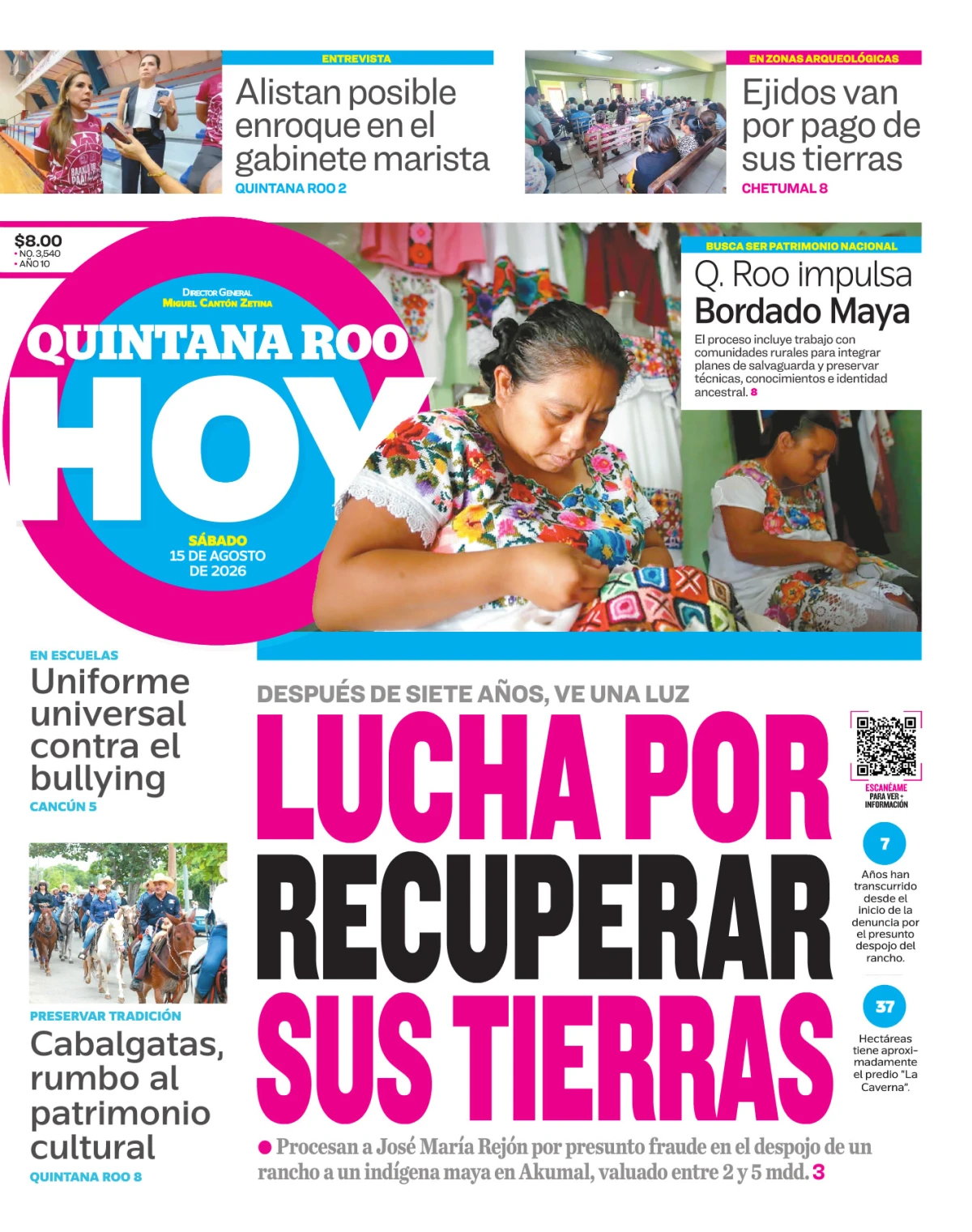 Portada de Quintana Roo Hoy (portada) del sábado, 15 de agosto de 2026