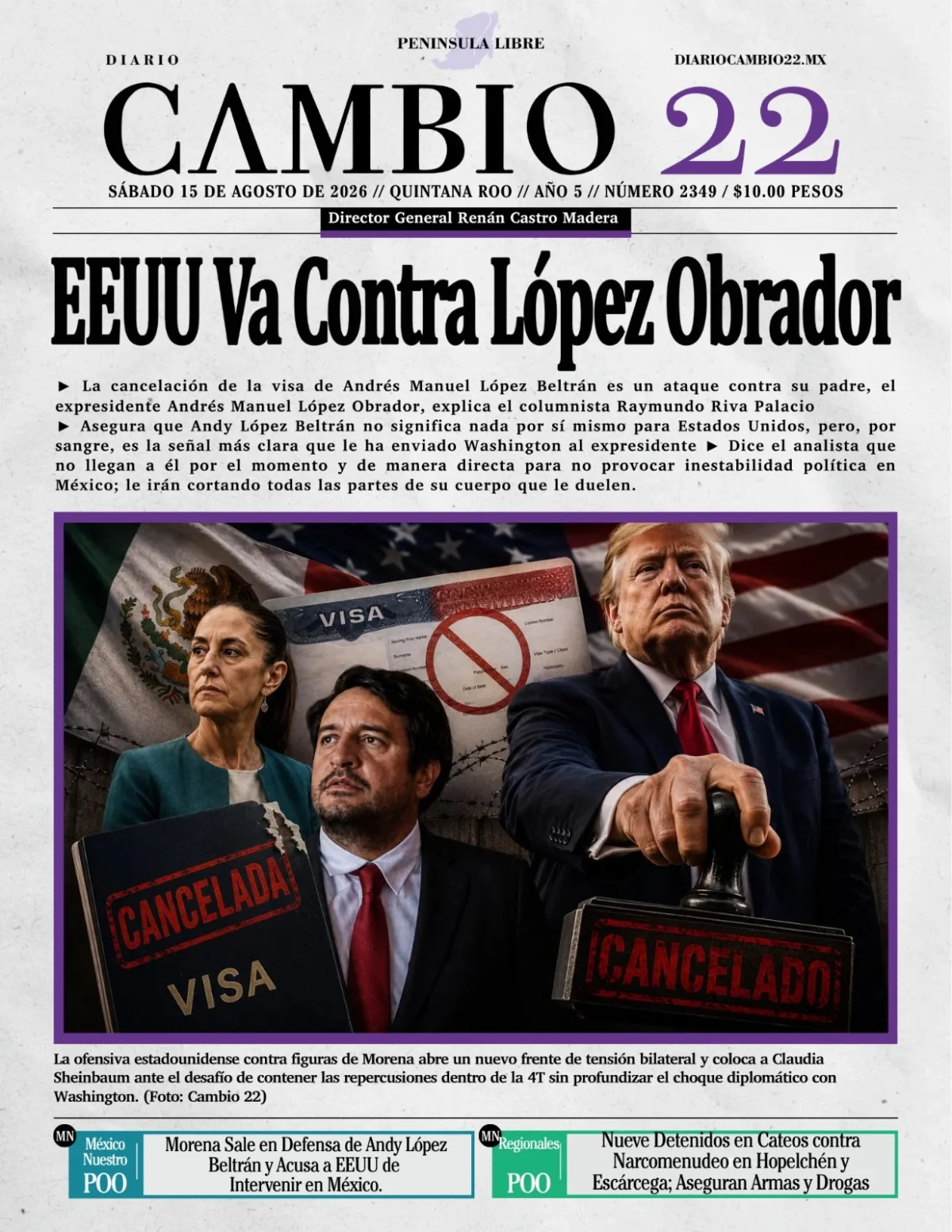 Portada de Diario Cambio 22 (portada) del sábado, 15 de agosto de 2026