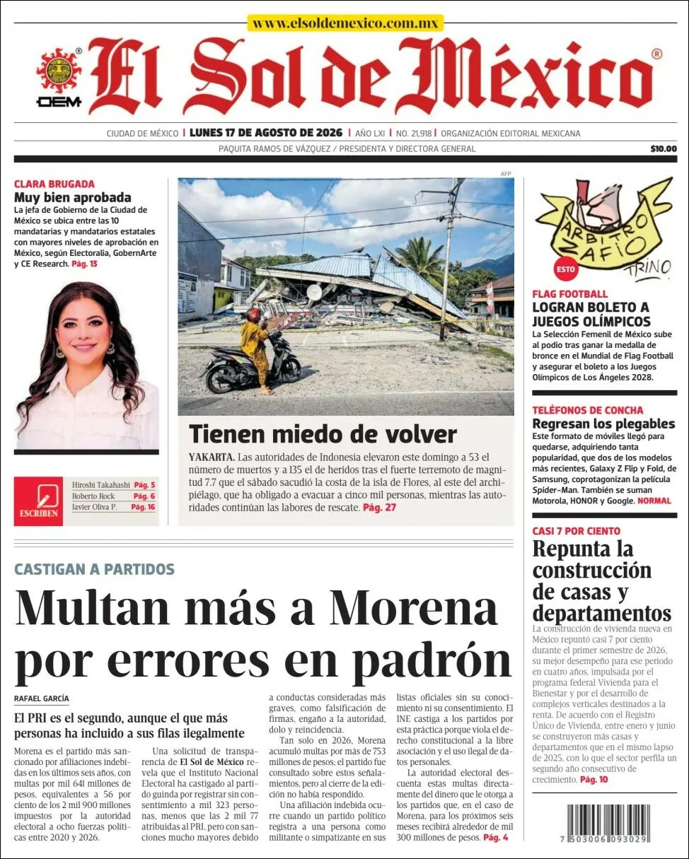 Portada de El Sol de Mexico del lunes, 17 de agosto de 2026