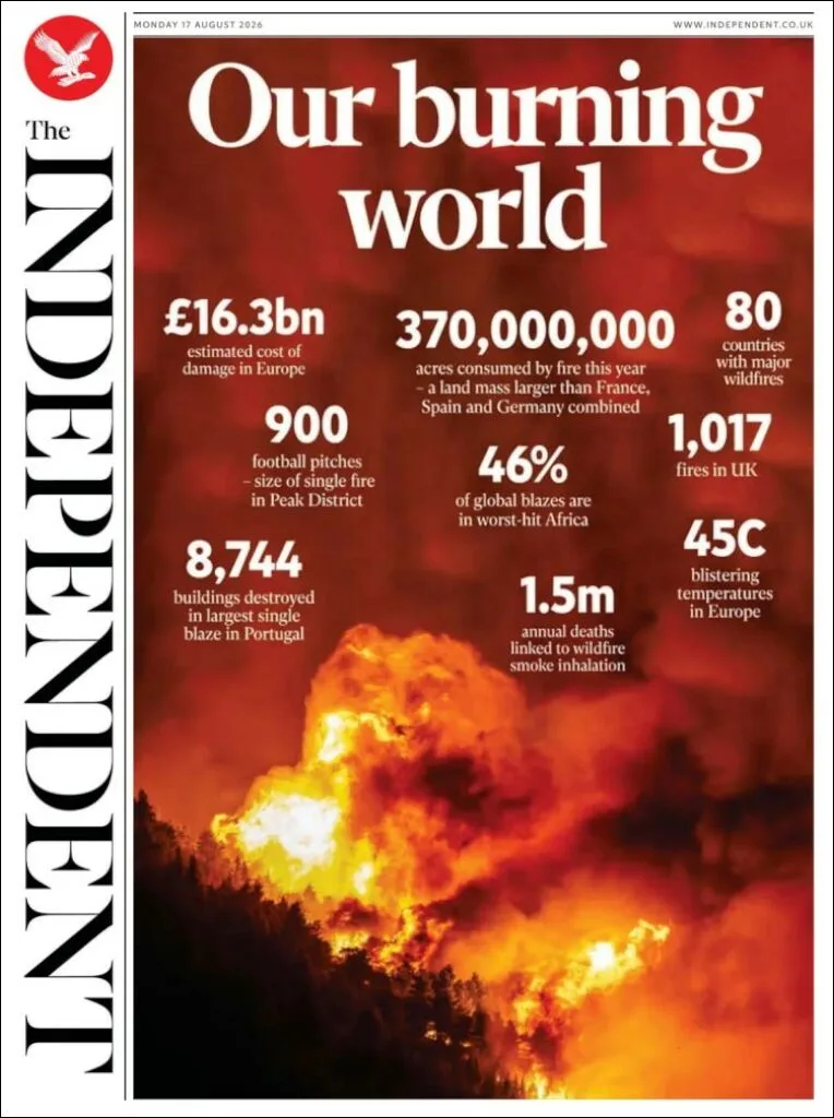 Portada de The Independent del lunes, 17 de agosto de 2026