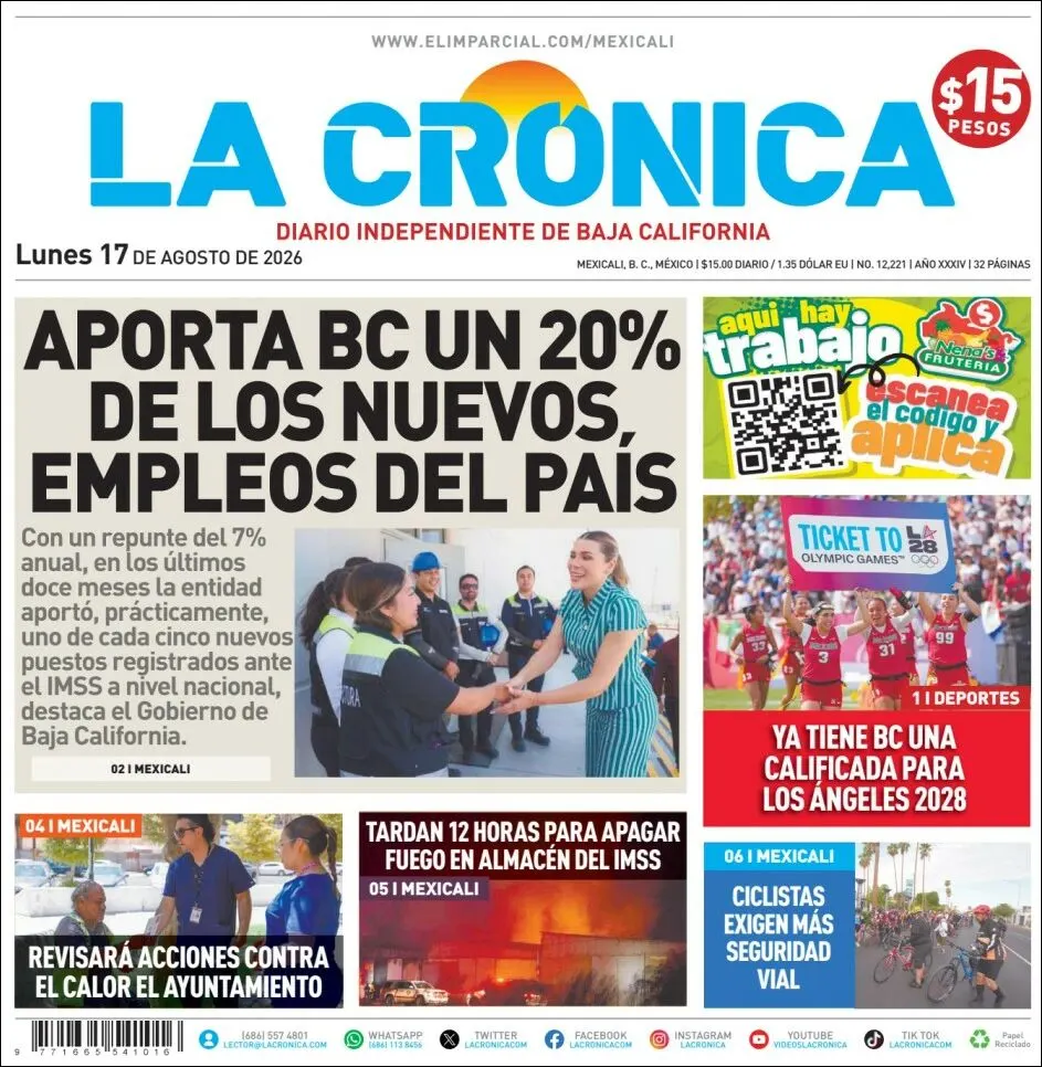 Portada de La Cronica del lunes, 17 de agosto de 2026