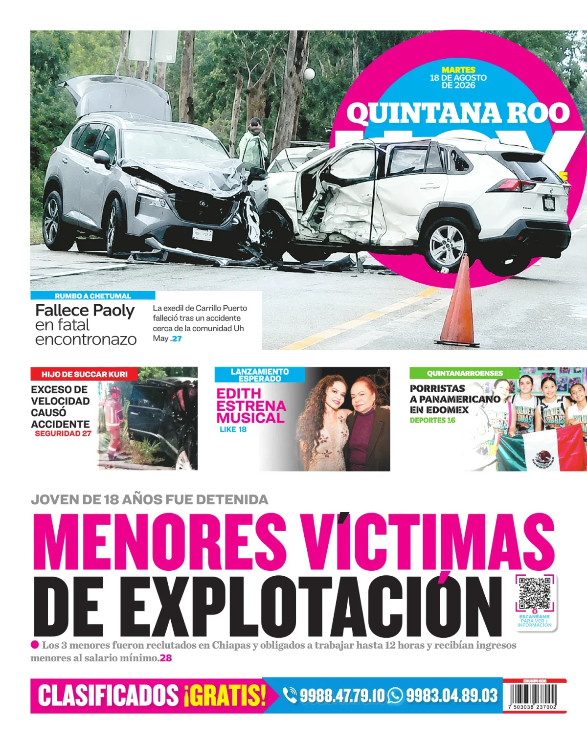 Portada de Quintana Roo Hoy (contraportada) del martes, 18 de agosto de 2026