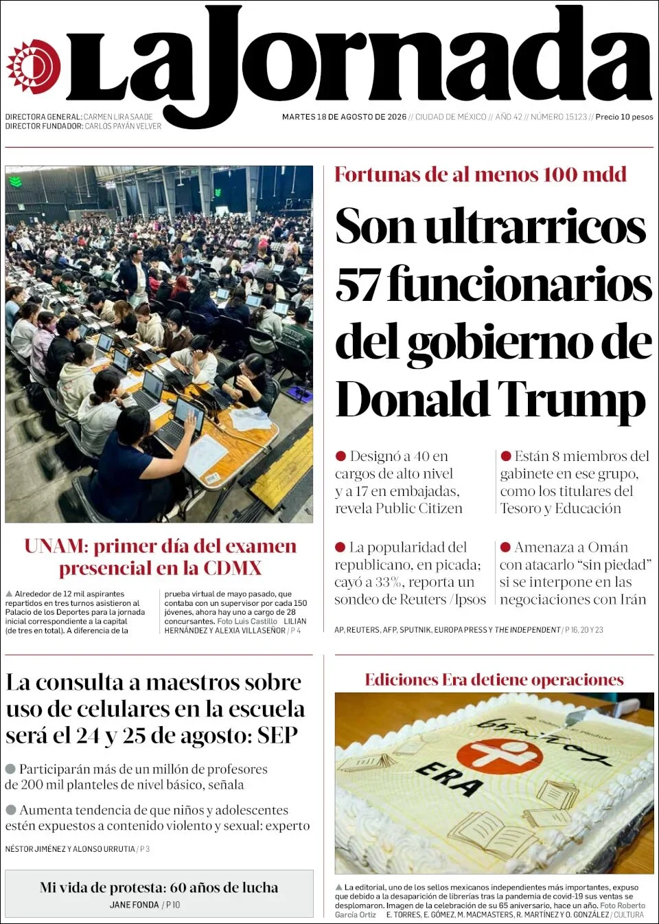 Portada de La Jornada del martes, 18 de agosto de 2026
