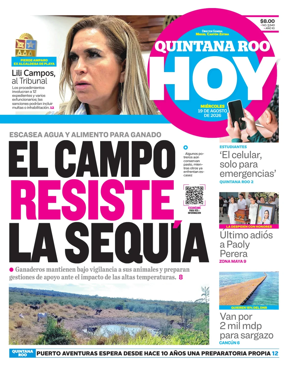 Portada de Quintana Roo Hoy (portada) del miércoles, 19 de agosto de 2026