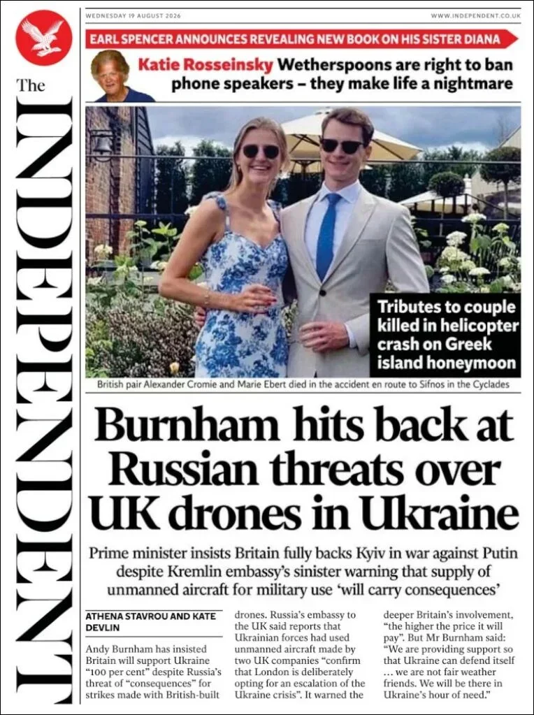 Portada de The Independent del miércoles, 19 de agosto de 2026