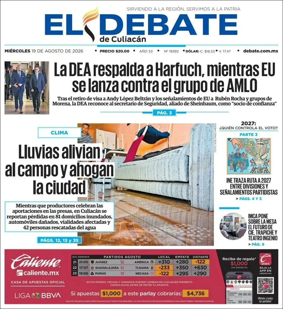 Portada de El Debate de Culiacan del miércoles, 19 de agosto de 2026