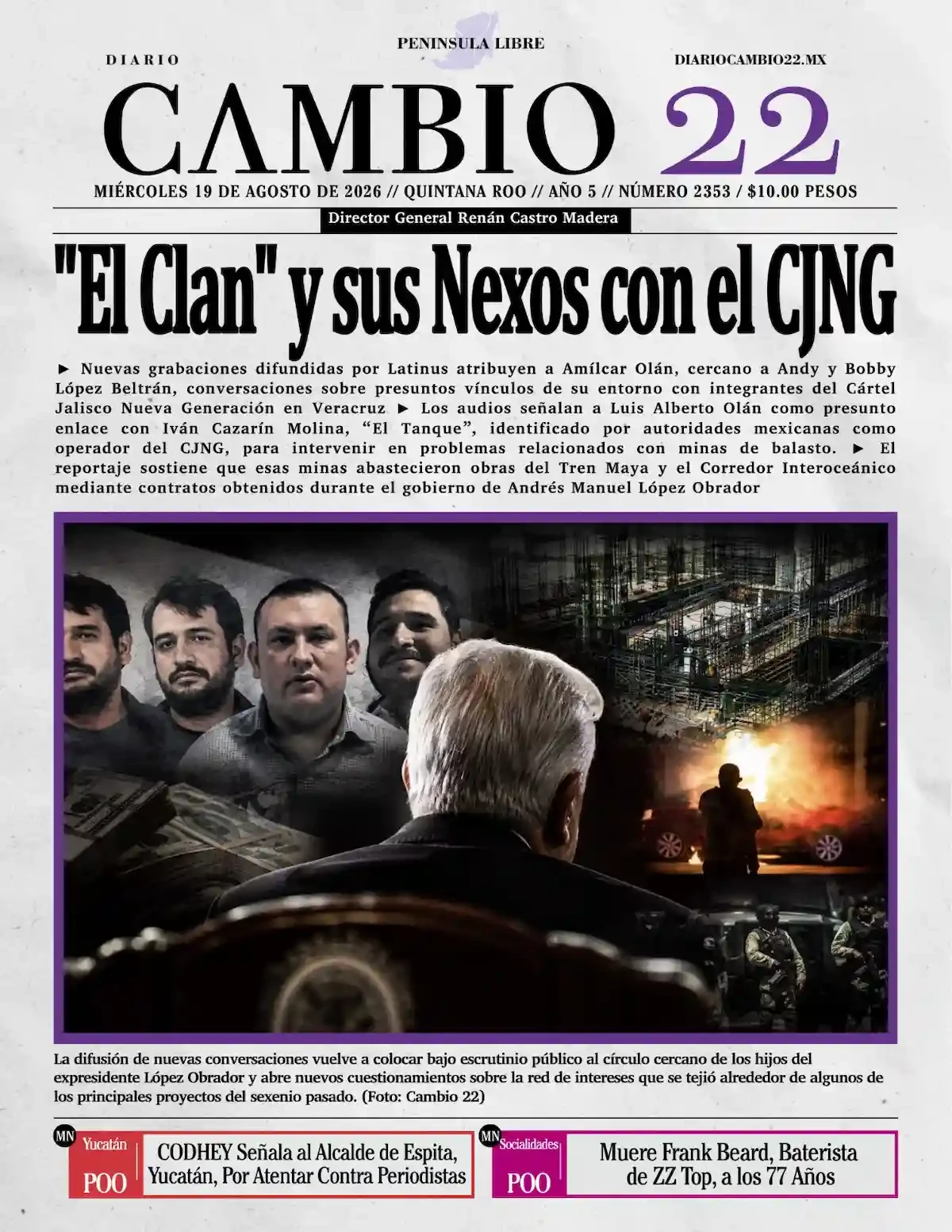 Portada de Diario Cambio 22 (contraportada) del miércoles, 19 de agosto de 2026
