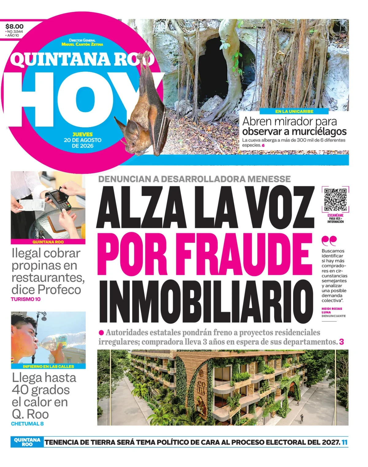 Portada de Quintana Roo Hoy (portada) del jueves, 20 de agosto de 2026