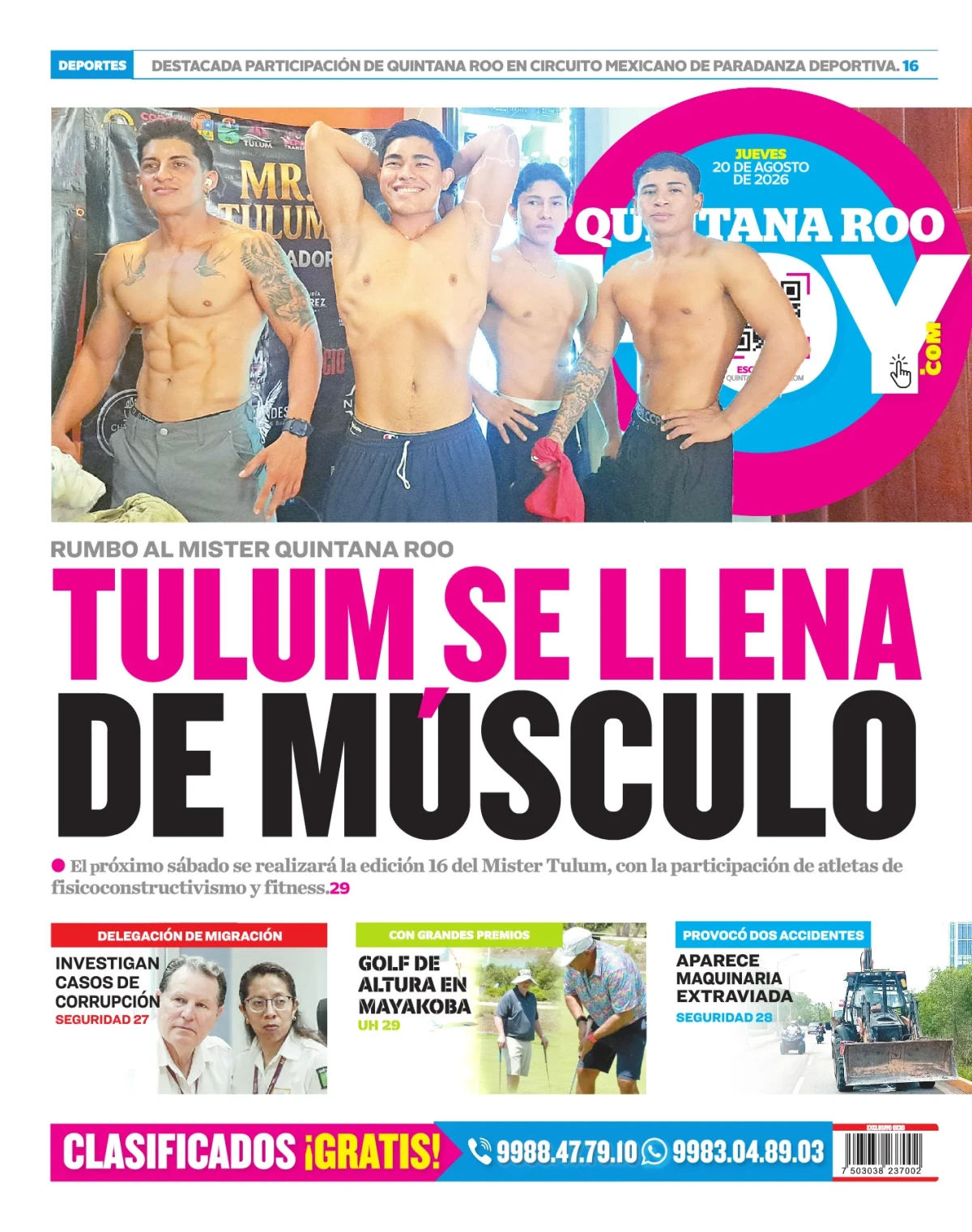 Portada de Quintana Roo Hoy (contraportada) del jueves, 20 de agosto de 2026