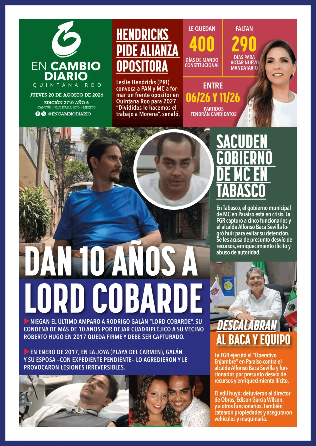 Portada de En Cambio - Tabasco (portada) del jueves, 20 de agosto de 2026