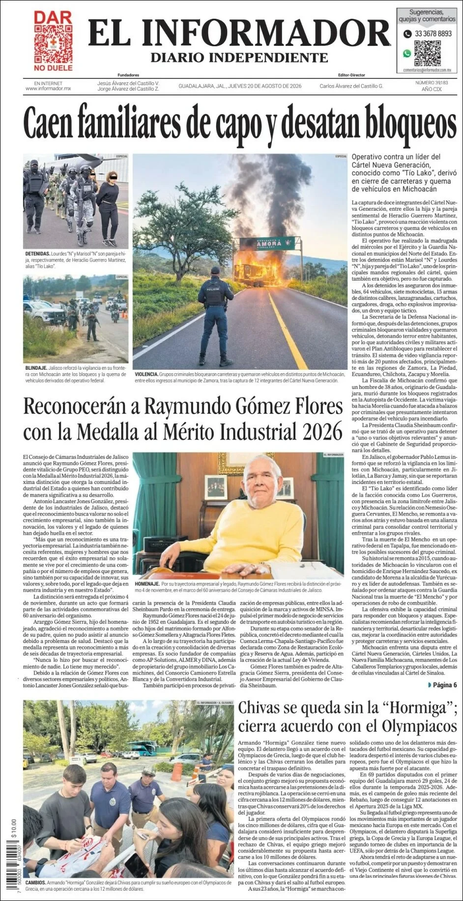 Portada de El Informador del jueves, 20 de agosto de 2026