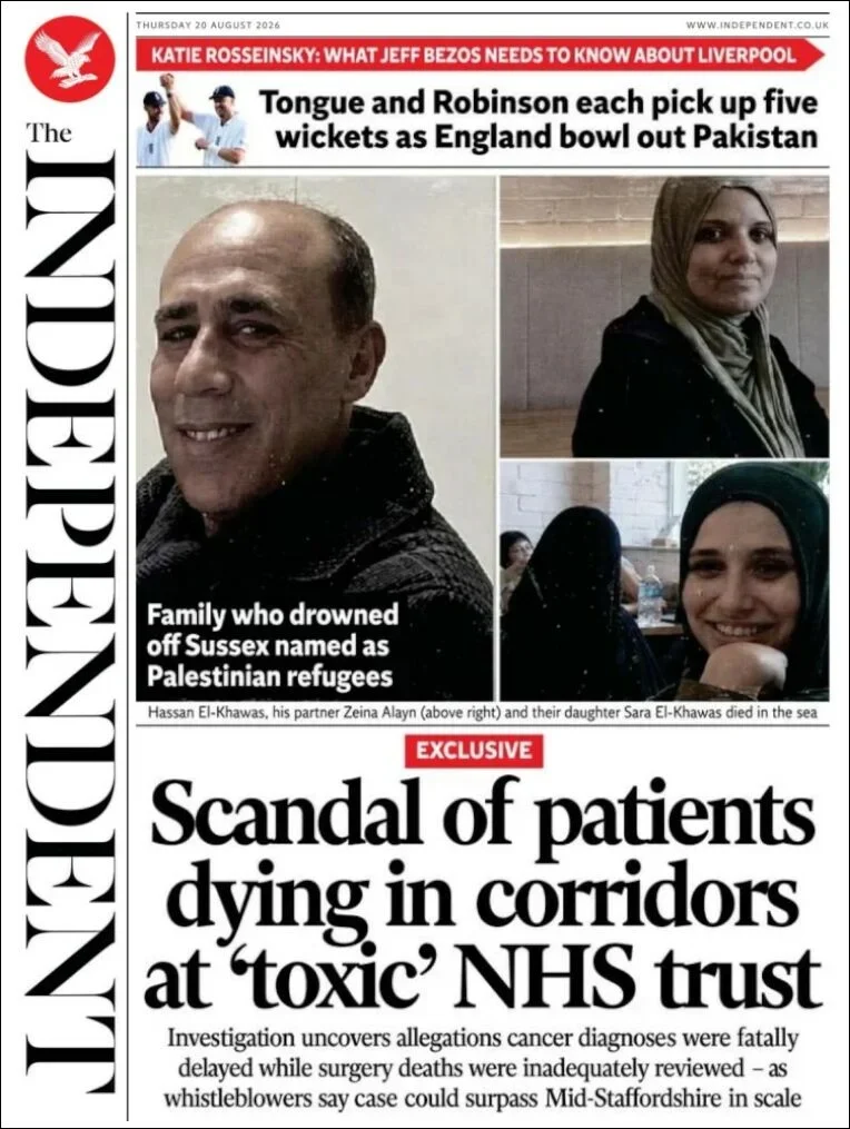 Portada de The Independent del jueves, 20 de agosto de 2026