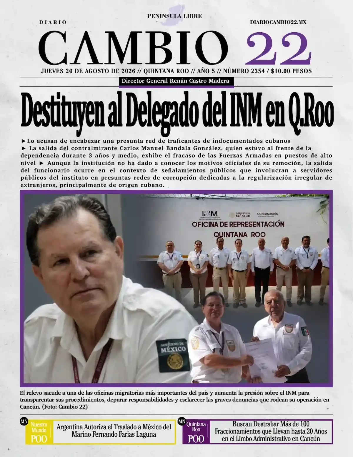 Portada de Diario Cambio 22 (portada) del jueves, 20 de agosto de 2026