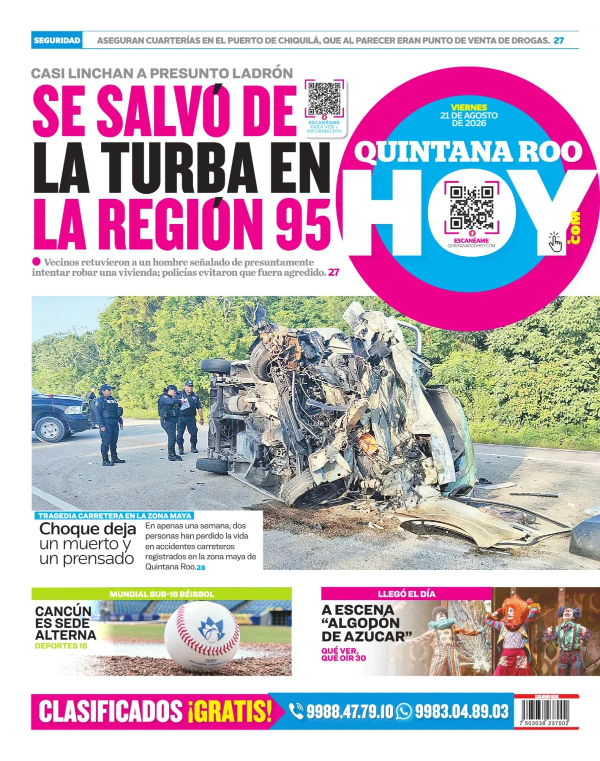 Portada de Quintana Roo Hoy (contraportada) del viernes, 21 de agosto de 2026