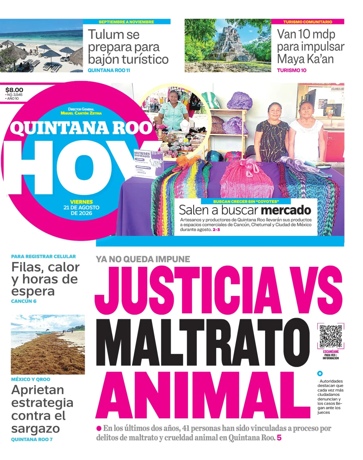 Portada de Quintana Roo Hoy (portada) del viernes, 21 de agosto de 2026