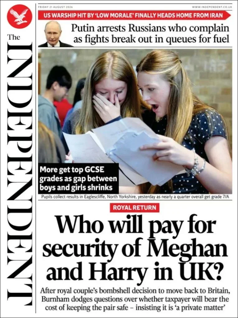Portada de The Independent del viernes, 21 de agosto de 2026
