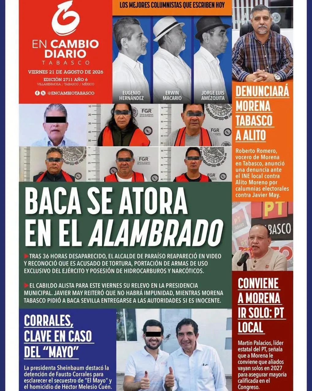 Portada de En Cambio - Tabasco (portada) del viernes, 21 de agosto de 2026