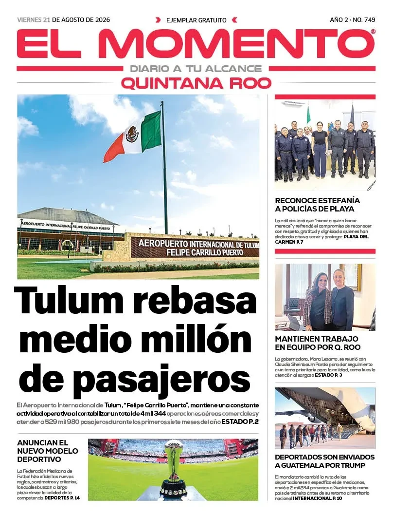 Portada de El Momento Quintana Roo del viernes, 21 de agosto de 2026