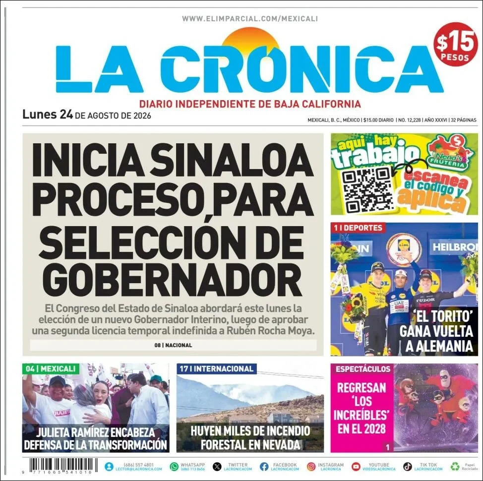 Portada de La Cronica del lunes, 24 de agosto de 2026