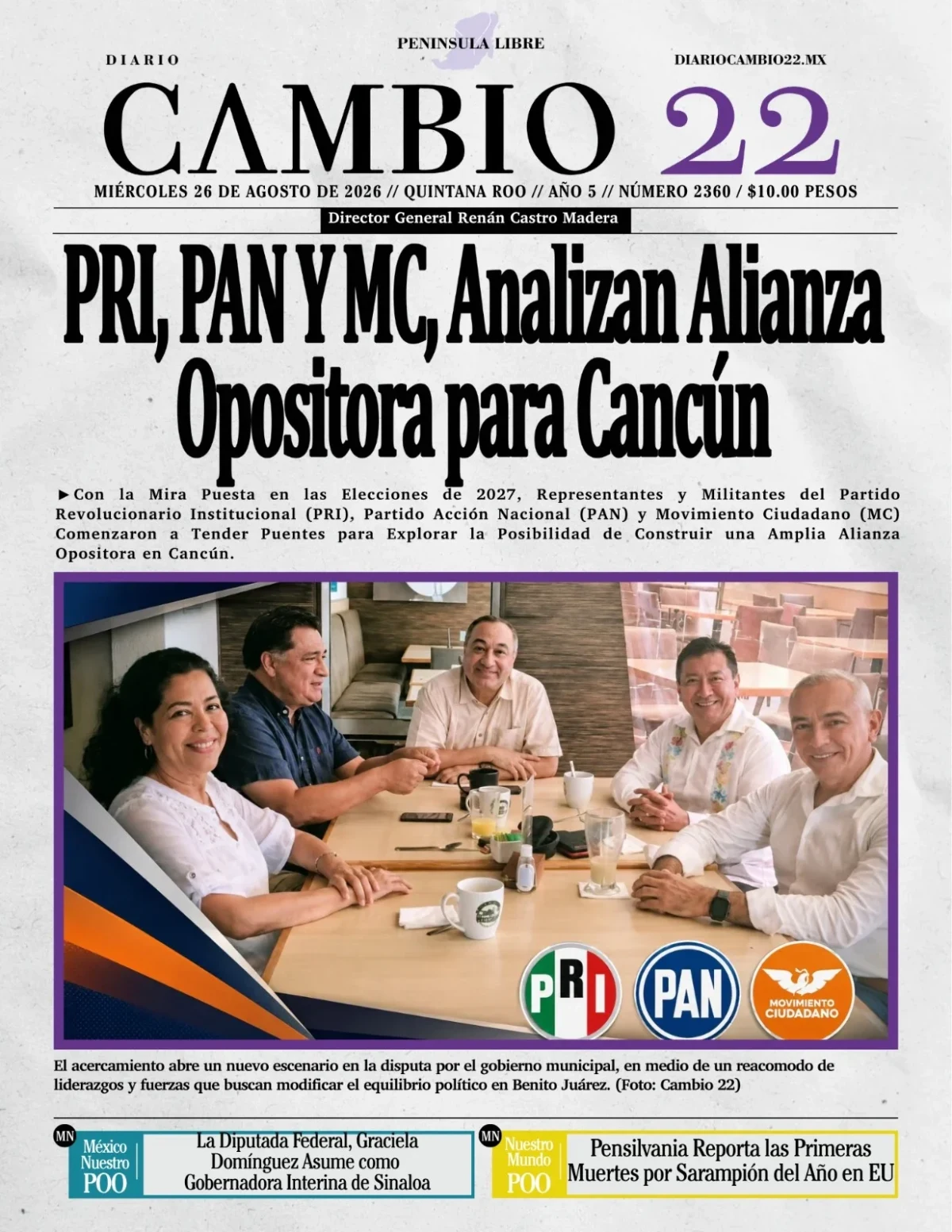Portada de Diario Cambio 22 (contraportada) del miércoles, 26 de agosto de 2026