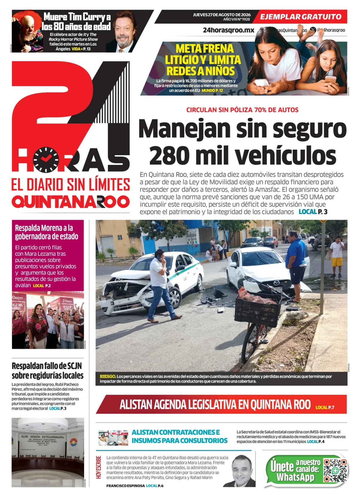 Portada de 24 Horas Quintana Roo del jueves, 27 de agosto de 2026