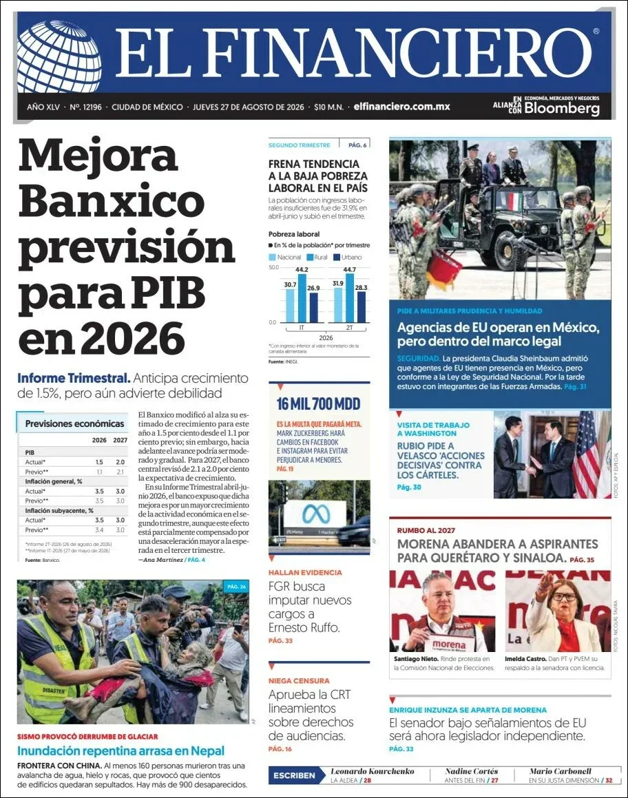 Portada de El Financiero del jueves, 27 de agosto de 2026