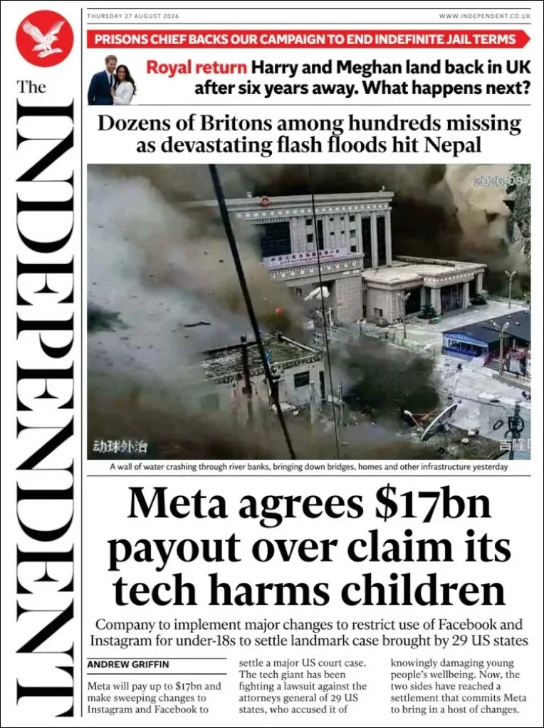 Portada de The Independent del jueves, 27 de agosto de 2026