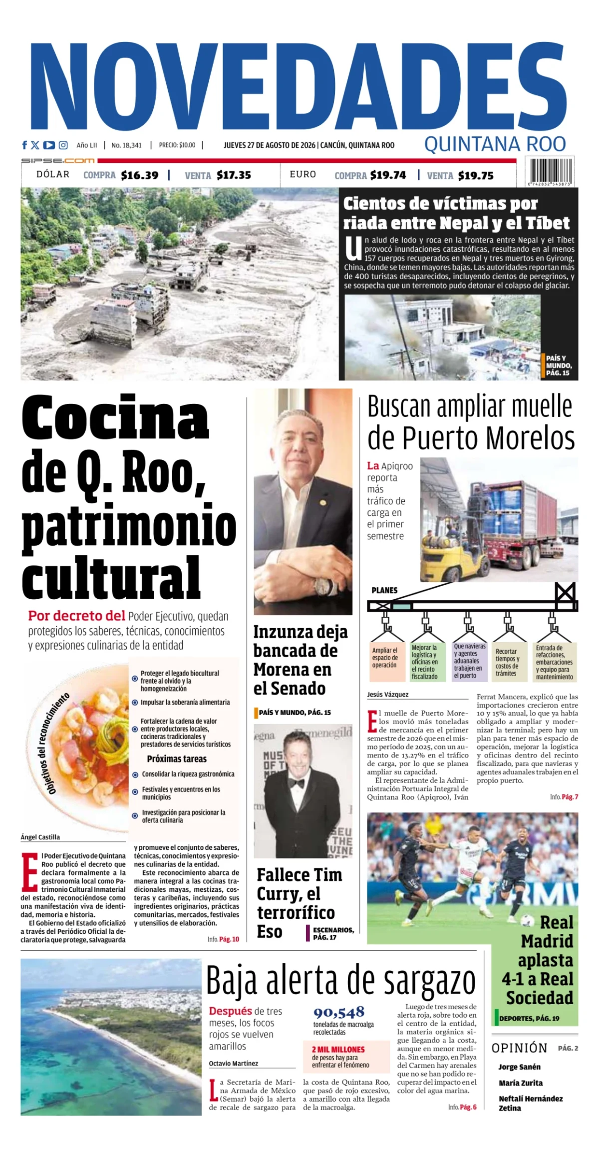 Portada de Novedades Quintana Roo del jueves, 27 de agosto de 2026