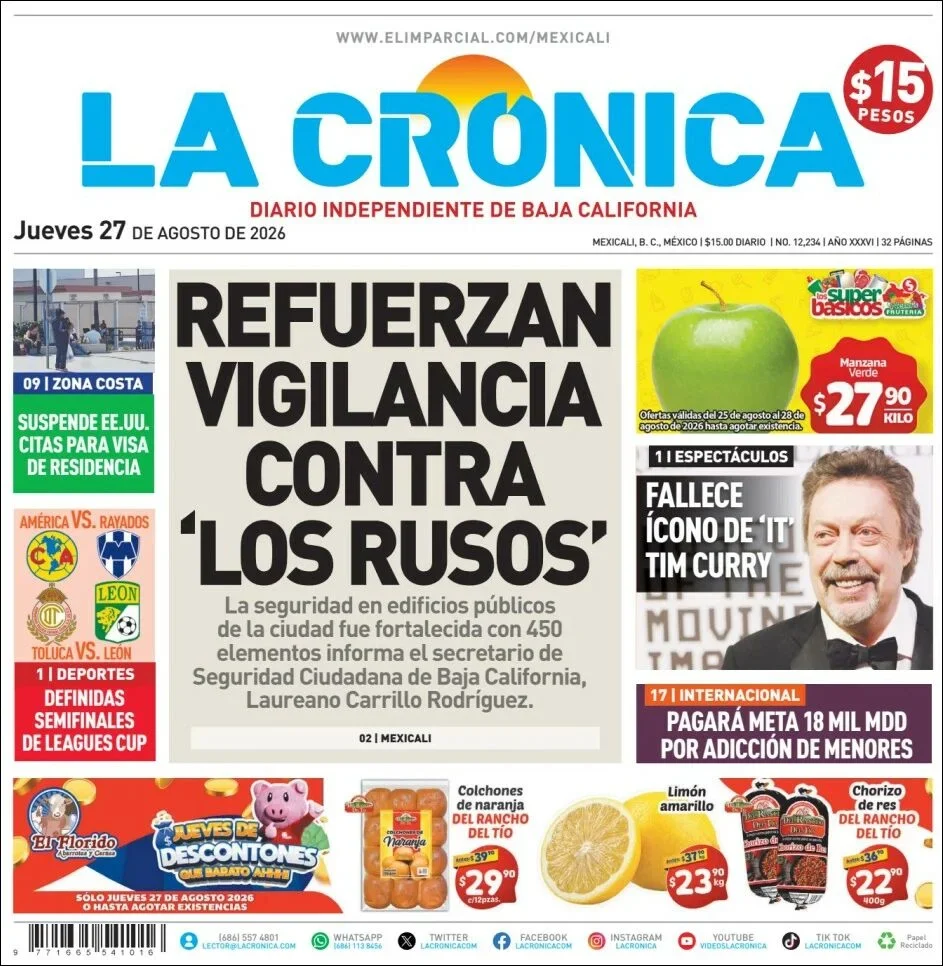 Portada de La Cronica del jueves, 27 de agosto de 2026
