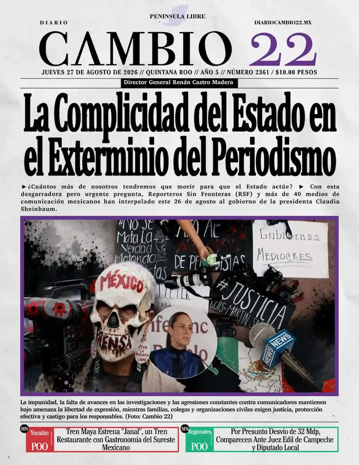 Portada de Diario Cambio 22 (contraportada) del jueves, 27 de agosto de 2026