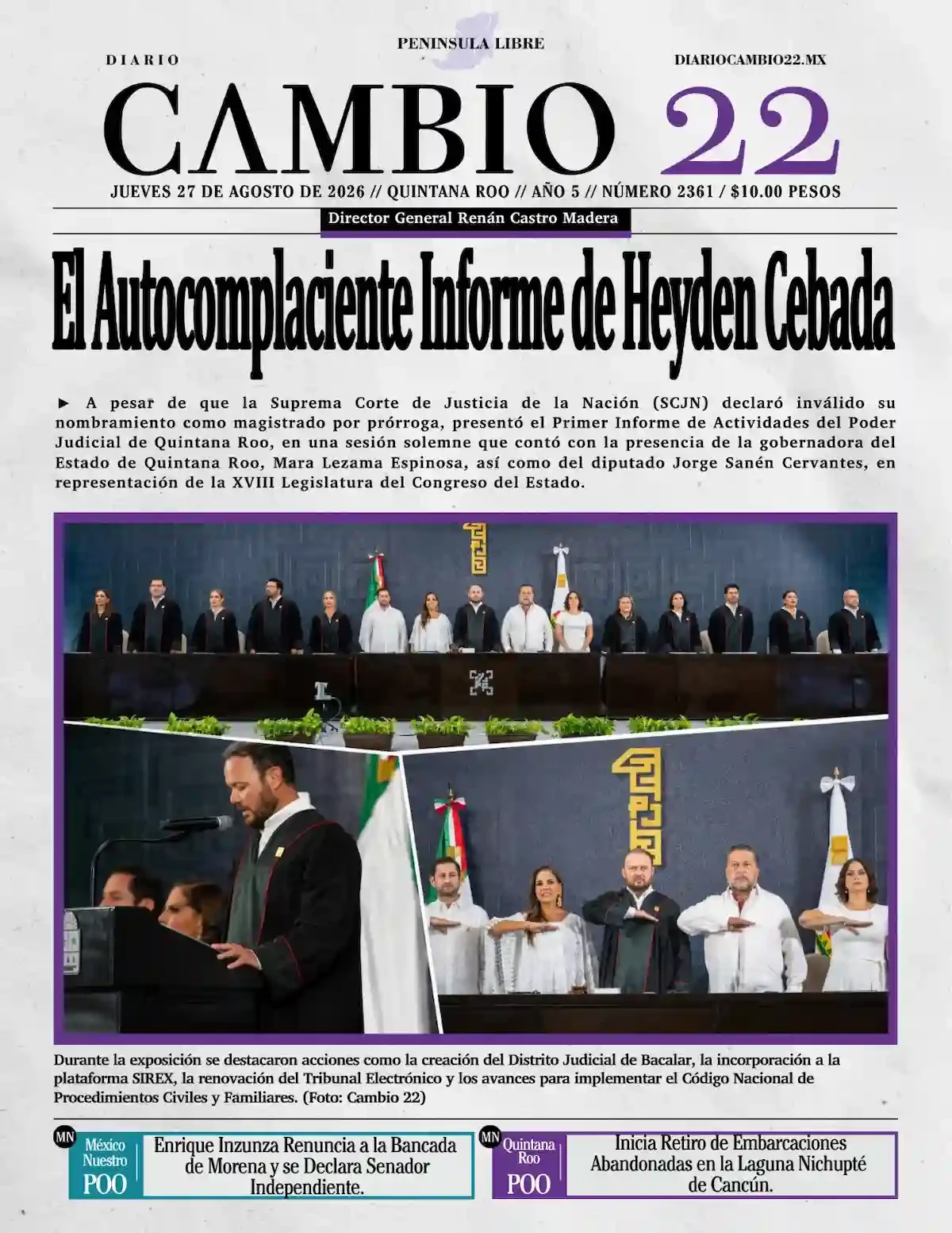 Portada de Diario Cambio 22 (portada) del jueves, 27 de agosto de 2026