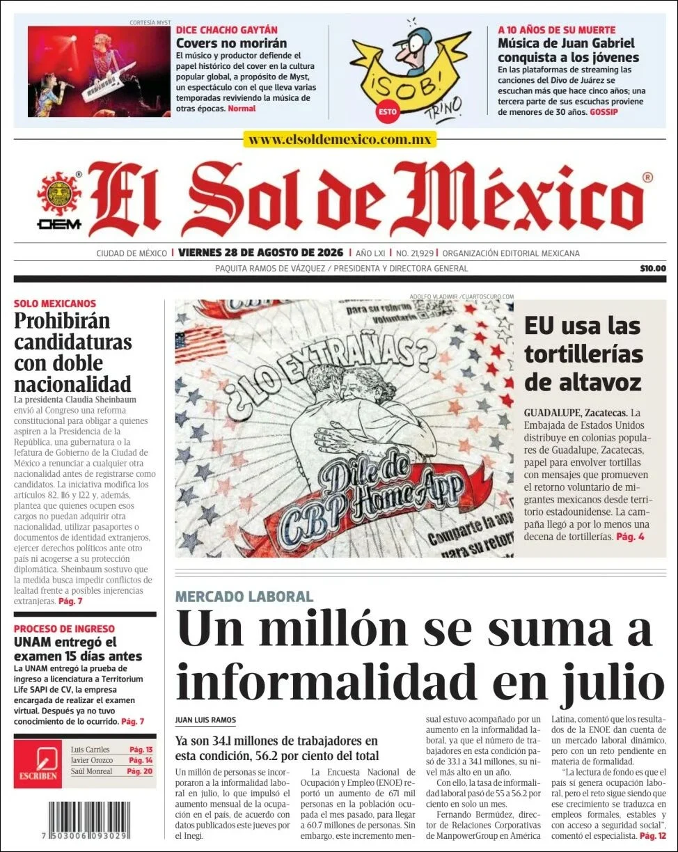 Portada de El Sol de Mexico del viernes, 28 de agosto de 2026