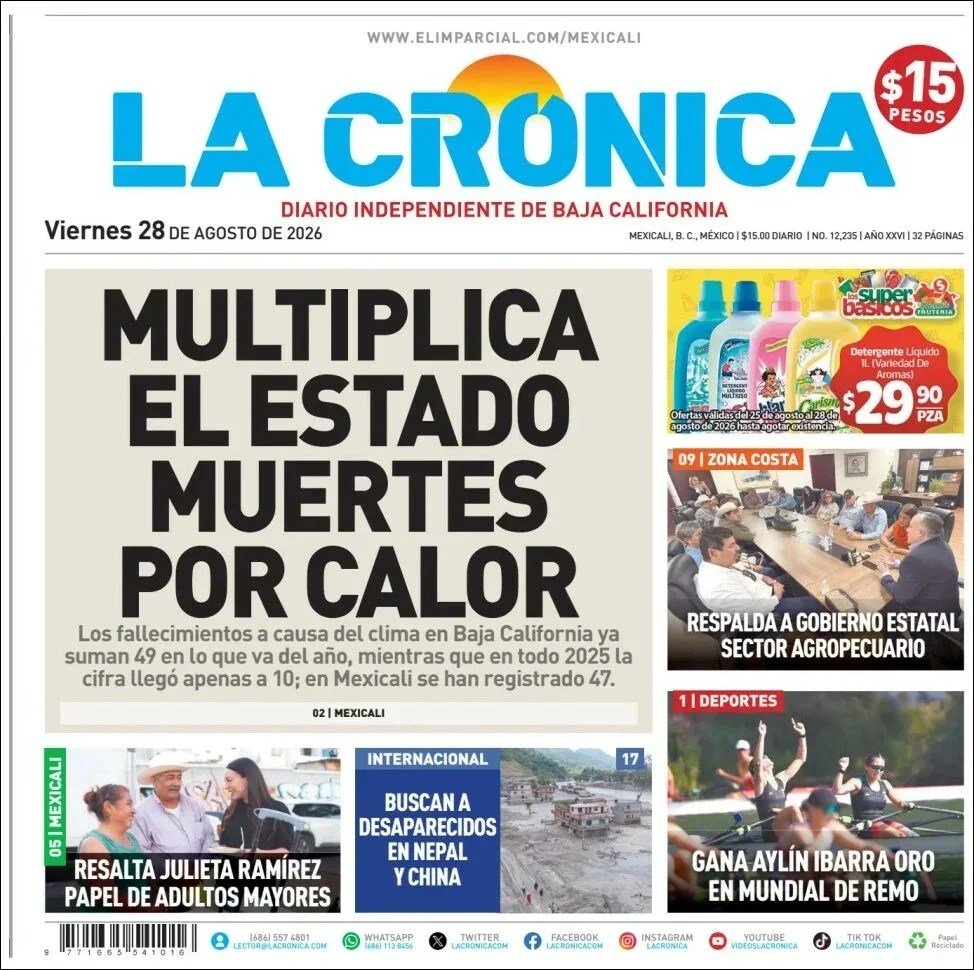 Portada de La Cronica del viernes, 28 de agosto de 2026