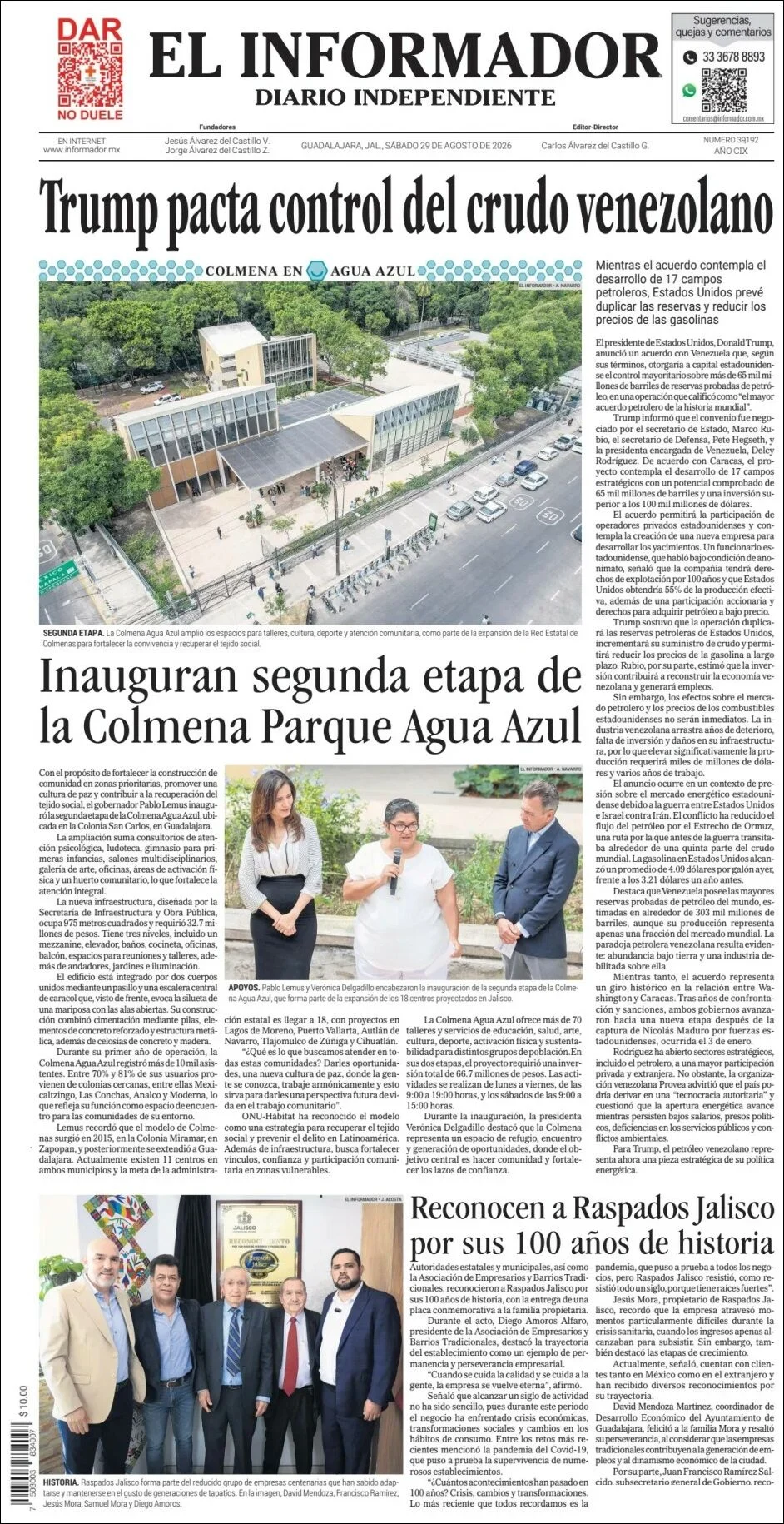Portada de El Informador del sábado, 29 de agosto de 2026