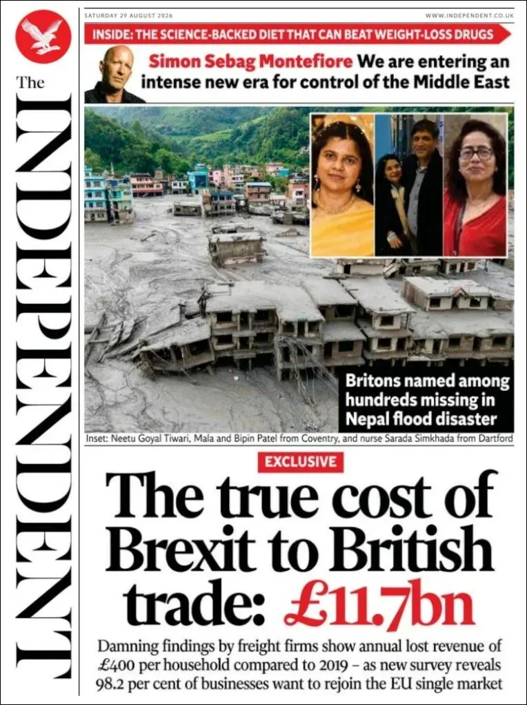 Portada de The Independent del sábado, 29 de agosto de 2026