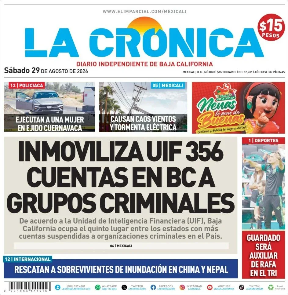 Portada de La Cronica del sábado, 29 de agosto de 2026